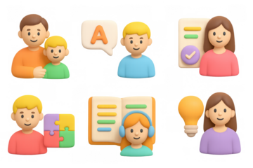 3d cartoon figures learning and collaborating in various educational activities