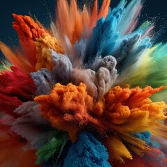 Explosive burst of colorful powder creating vibrant and dynamic abstract cloud formation, perfect for modern design and creative projects