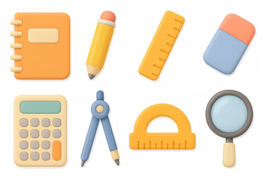 Colorful 3d school supplies set featuring pencil, calculator, and magnifying glass