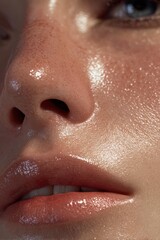 Close-up macro shot of a woman's glossy and flawless skin with natural freckles showcasing beauty, skincare, radiant complexion, and perfect makeup highlighting healthy and hydrated appearance