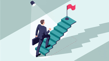 Vector art of businessman climbing stairs towards a flag representing success