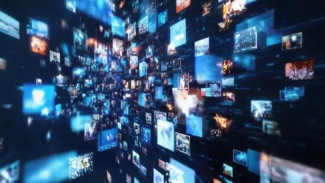 Multiple digital screens with images forming wall of technology, symbolizing media, communication, and information overload.