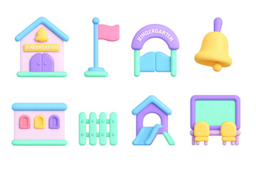 Fototapeta premium Colorful kindergarten icons set with 3d pastel elements for playful education designs
