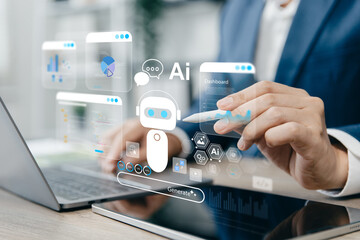 Businessman using laptop with artificial intelligence assistant. AI interface displaying charts, data, chatbot, and virtual dashboards on screen.