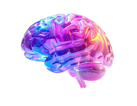 Vibrant, glossy, 3D model of a human brain in iridescent colors of pink and blue