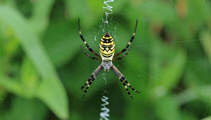 Spider on web in green foliage