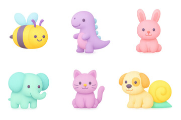 Obraz premium Cute pastel animal figurines featuring bee, dinosaur, bunny, elephant, cat, and dog in 3d design
