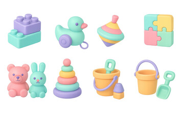 Colorful 3d toy set featuring blocks, duck, spinning top, puzzle, and more