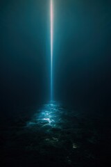 Mysterious underwater scene with beam of light piercing through dark and deep ocean waters, casting an ethereal glow on the seabed creating a surreal and enchanting atmosphere
