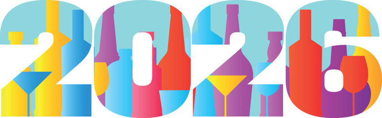 New Year's 2026, holiday party, alcohol set, glasses, drinks, bottles of wine, whiskey, liqueur. Bar poster, restaurant, alcohol menu, red wine, martini, brandy, chardonnay, cabernet, drinks