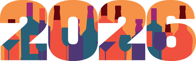 Obraz premium New Year 2026, festive party, festival concept, set of alcohol bottles, glasses, champagne, whiskey. Vector graphics, flat style, restaurant, bar design, strong alcohol, brandy, red wine, martini