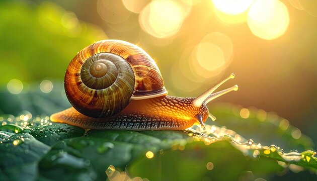 Snail on Green Leaf with Bokeh Light Ultra Sharp Texture and Glowing Daylight Cinematic Hdr Still Life Photography