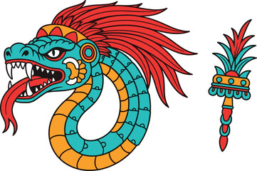 Aztec feathered serpent illustration, Quetzalcoatl dragon design, colorful ancient mythology art, tribal fantasy snake tattoo, Mexican cultural symbol, decorative serpent drawing
