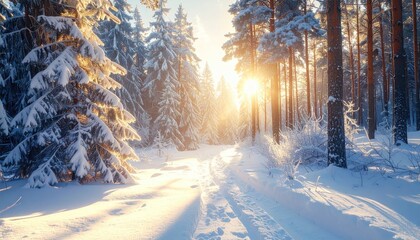 Fototapeta premium Snow Covered Evergreen Forest Path with Sunlight in Winter Landscape