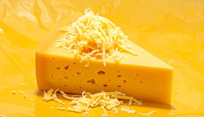 A triangular wedge of golden yellow cheese, studded with holes, rests on a mustard-yellow surface, scattered with bits of grated cheese.
