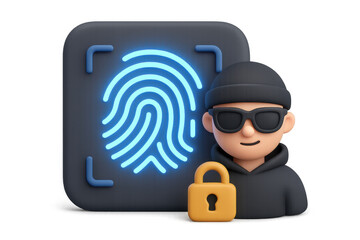 3d cybersecurity symbol with fingerprint and hacker icon in glasses