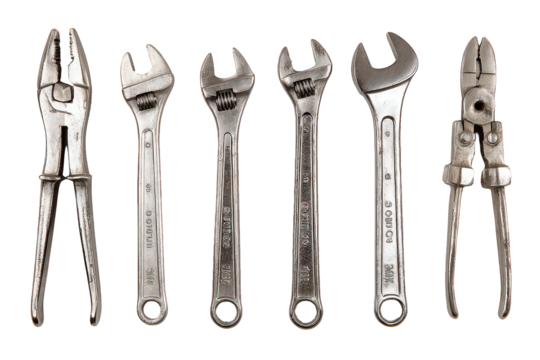Assortment of Silver Metal Hand Tools on Transparent Background