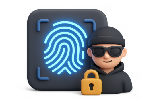 3d cybersecurity symbol with fingerprint and hacker icon in glasses