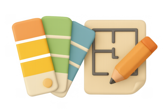 Colorful paint swatches and pencil on architectural floor plan design