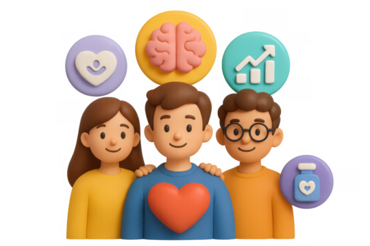 Family wellness 3d characters with health and growth icons