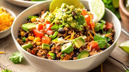 Easy Homemade Burrito Bowl Recipes: Layer with Seasoned Rice, Grilled Chicken, Guacamole, and Salsa, Ready in 30 Minutes for a Quick, Healthy Lunch or Dinner