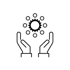 Hand holding gear icon isolated on white background. Flat design symbol of teamwork, cooperation, management, and partnership. Perfect for business, organization, productivity.