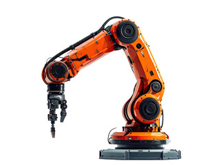 Orange industrial robot arm, reaching, with articulated joints
