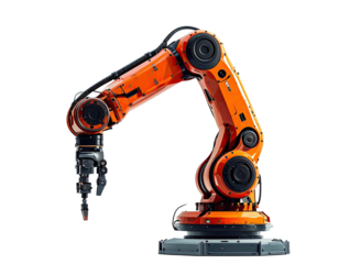 Orange industrial robot arm, reaching, with articulated joints