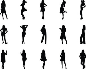 Fashion women silhouette poses collection, stylish female figure vector design, elegant woman shape art, cad drawing flat vector illustration
