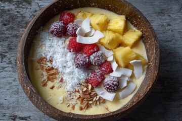 Delicious tropical smoothie bowl with fresh raspberries, pineapple chunks, shredded coconut, and almonds in a wooden bowl on a rustic wooden table for a healthy breakfast or snack