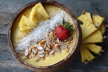 Delicious tropical smoothie bowl with fresh pineapple, strawberry, shredded coconut, and almond slices in a wooden bowl on rustic table