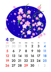 2026年, カレンダー,4月,桜