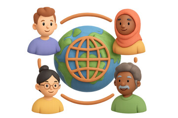 Diverse global community in 3d style around earth