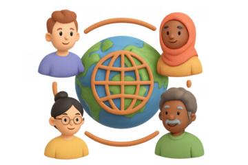 Diverse global community in 3d style around earth