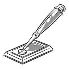 Classic ink pen with a nib resting on an inkwell stand rendered in a clean black and white illustration style