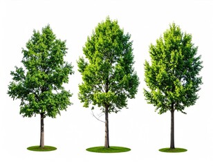 Three similar deciduous trees with lush green foliage, slightly varying heights and small ground circles, isolated on a white background