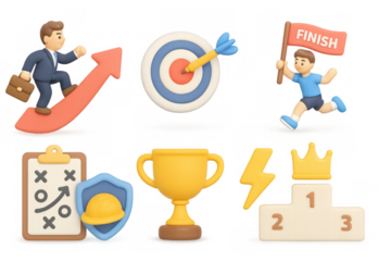 3d business success icons: arrow, target, trophy, podium, strategy