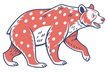 Walking Red Bear with Spots and Dark Blue Outline on White Background