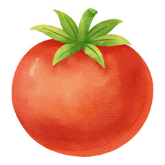 Watercolor illustration of a fresh red tomato with green leaves. Hand-drawn organic vegetable clipart for cooking, healthy food concepts, and kitchen decor.