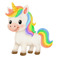 Naklejka premium Watercolor illustration of a cute baby unicorn with a rainbow mane and tail. Hand-drawn fantasy animal clipart for children's designs, stickers, and birthdays.
