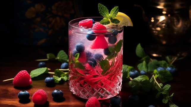  Cocktail d&eacute;tox sans alcool, boisson color&eacute;e et fruit&eacute;e. Fruits rouges, citron, menthe, fruits frais. Boisson saine et rafra&icirc;chissante. Pour conception graphique.