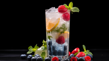  Cocktail détox sans alcool, boisson colorée et fruitée. Fruits rouges, citron, menthe, fruits frais. Boisson saine et rafraîchissante. Pour conception graphique.