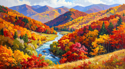Impressionistic Art of Autumn Mountain Landscape with River and Brilliant Foliage