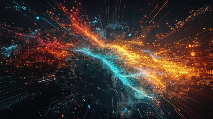 Fototapeta premium Abstract digital art explosion. Energy clash. Particles collide