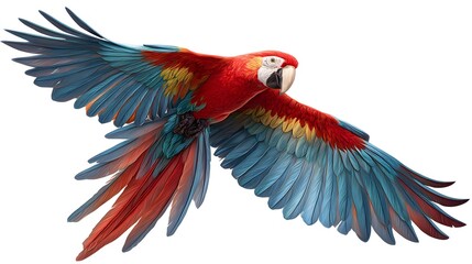 Obraz premium Scarlet macaw parrot flying wings spread exotic bird wildlife nature colorful avian tropical isolated animal