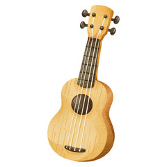 Naklejka premium Watercolor illustration of a wooden ukulele. Hand-drawn small guitar musical instrument clipart for music, summer, and beach concepts.
