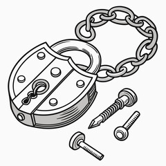 Vintage padlock with a metal chain and two screws on a white background symbolizing security and protection