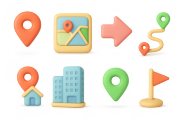 Colorful 3d map icons set with location, navigation, and direction symbols