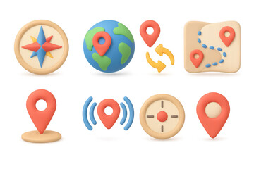Colorful navigation and location icons featuring 3d style map and globe elements