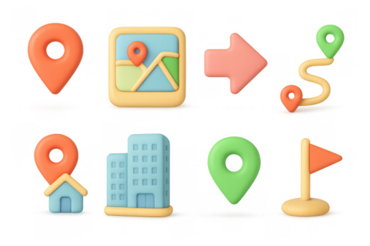 Colorful 3d map icons set with location, navigation, and direction symbols